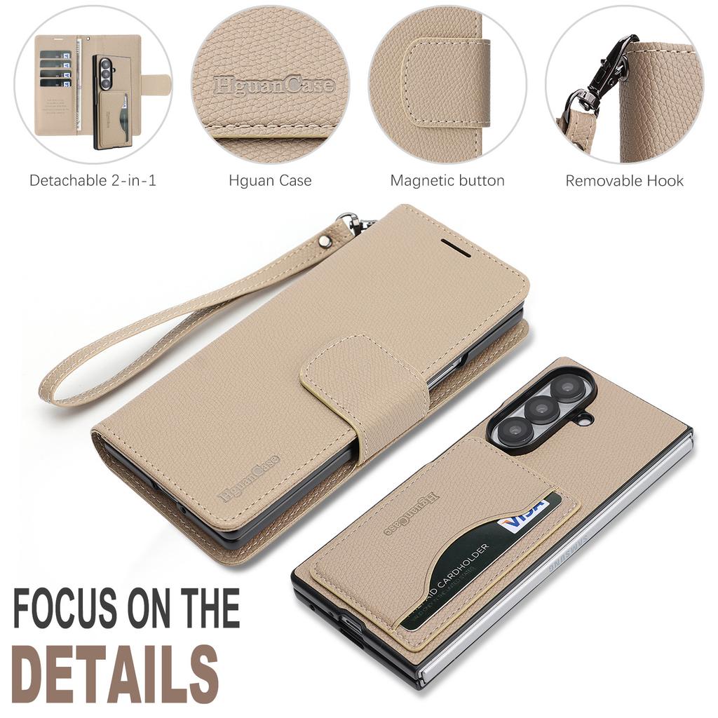 Detachable Leather Case for Samsung Galaxy Z Fold 7 ZFold 6 5 4 3 RFID Blocking Multiple Card Holder Wallet Phone Cover+Lanyard