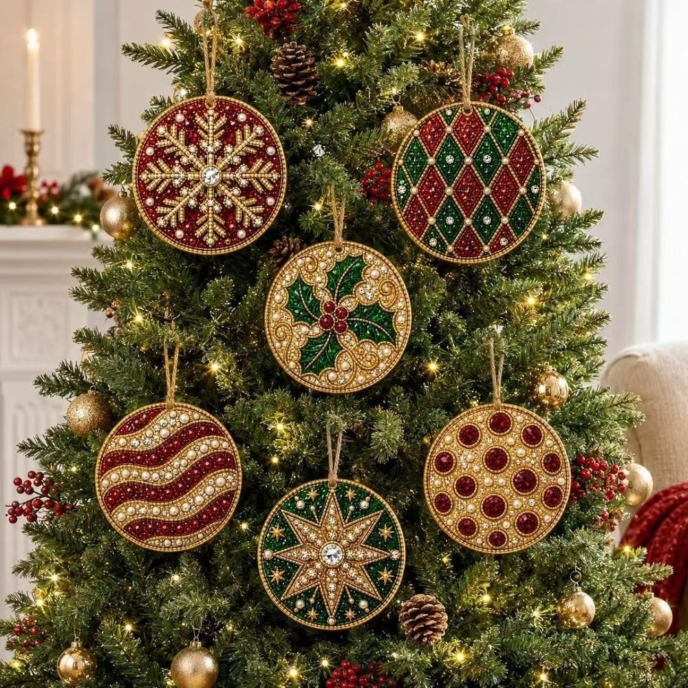 6 Adet Vintage Baskılı Kendin Yap Noel Elmas Boyama Kiti Ahşap Taban İnci Boncuk Ahşap Noel Süsleri Seti Yuvarlak Şekil