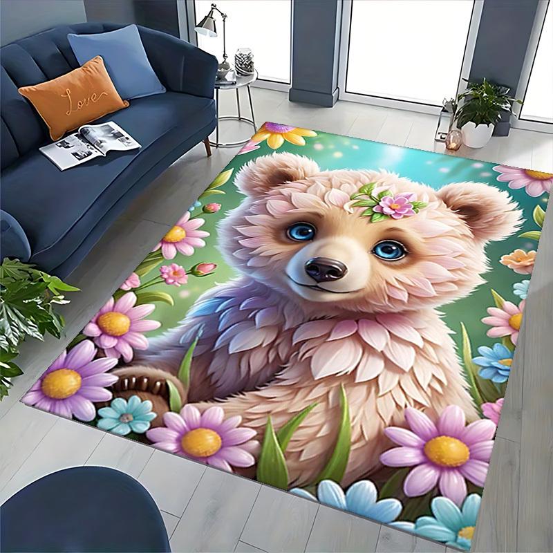 1pc Anime Cartoon Design Office Chair Mat - Flower Bear Floral Pattern Anti-Slip Carpet for Home Decor, Suitable for All Seasons.H053