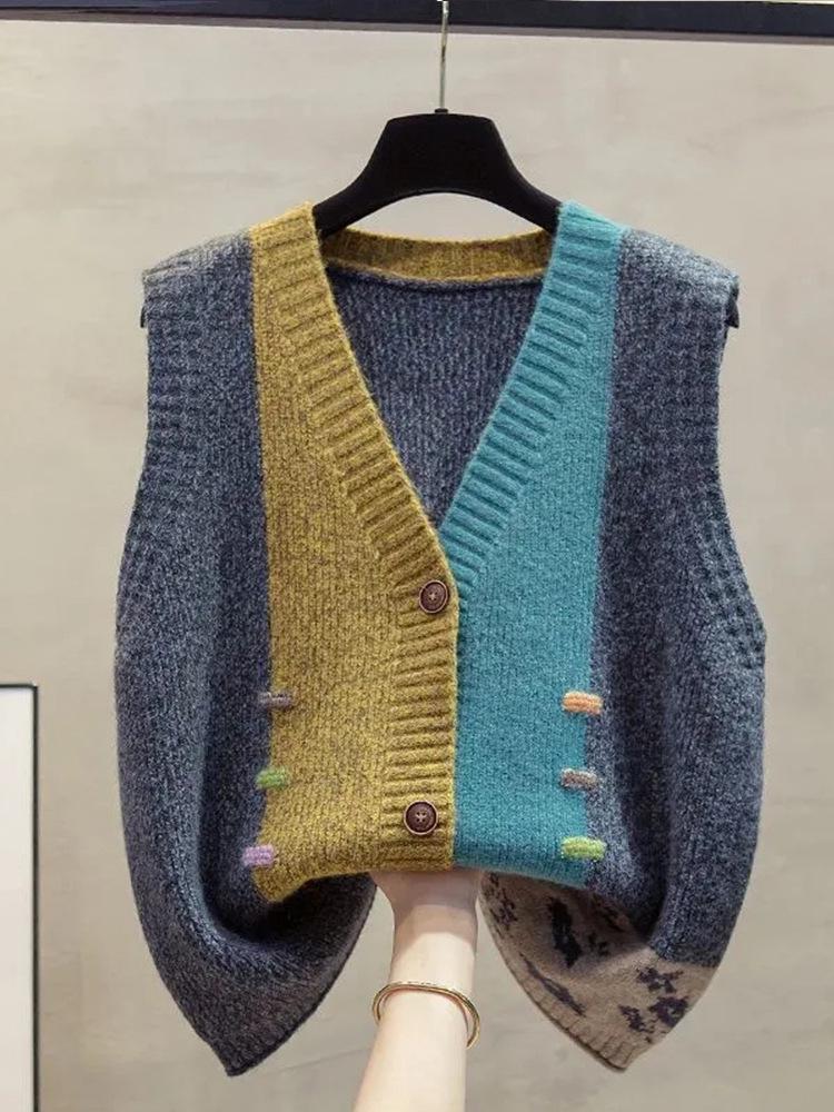 Color-Block V-Neck Knit Cardigan Vest for Women - Autumn/Winter Loose Outerwear Sweater Shawl