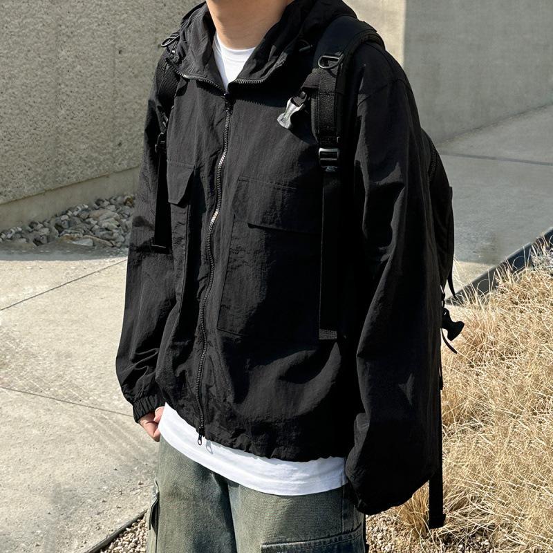 

Спортивная куртка с капюшоном для мужчин, осенняя свободная куртка в стиле рабочей одежды, модная куртка в корейском стиле 2XL чёрный