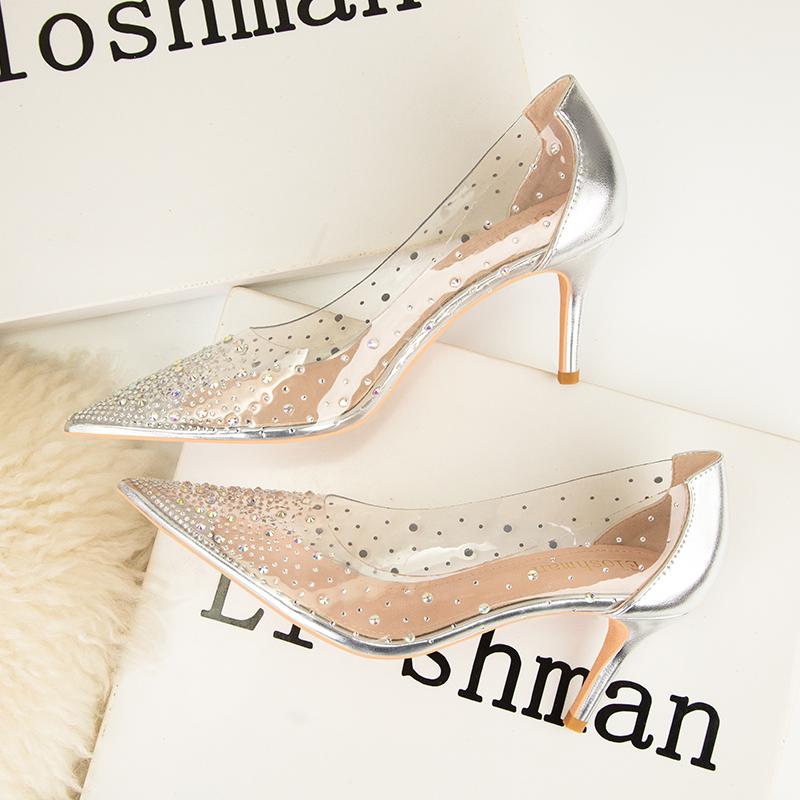 Fashion 2025 Spring New Shallow Mouth High-heeled Shoes Women's Slender Heel Pointed Crystal Pumps Rhinestone Banquet Wedding Shoes