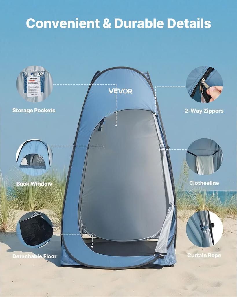 Pop Up Shower Tent, Instant Portable Privacy Tent Changing Room with Hanging Bag, Ground Stakes, Ropes, Carry Bag, 190T Polyester with Silver Coating,