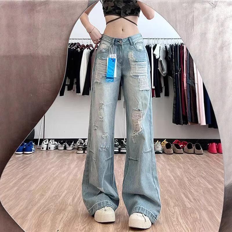

168 Tall Girl Blue Distressed Low Rise Straight Leg Jeans L