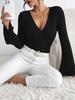 2025 New Women's European and American V-neck Flared Sleeve Burgundy T-shirt Autumn and Winter Slim-fit Bottoming Shirt Top