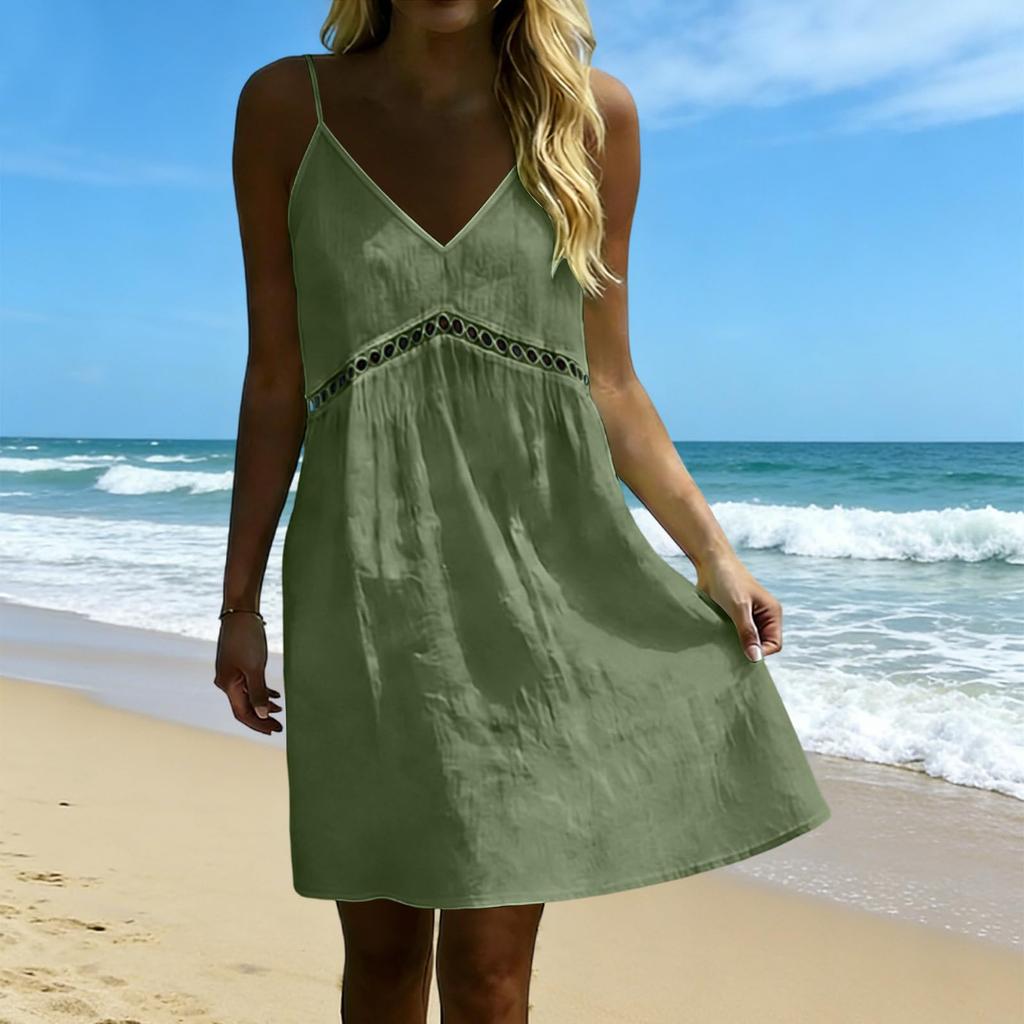 Women's Casual Spaghetti Strap V Neck Hollow Out Dress Summer Lightweight Loose Fit Sleeveless Mini Dress for Outdoor Daily Wear