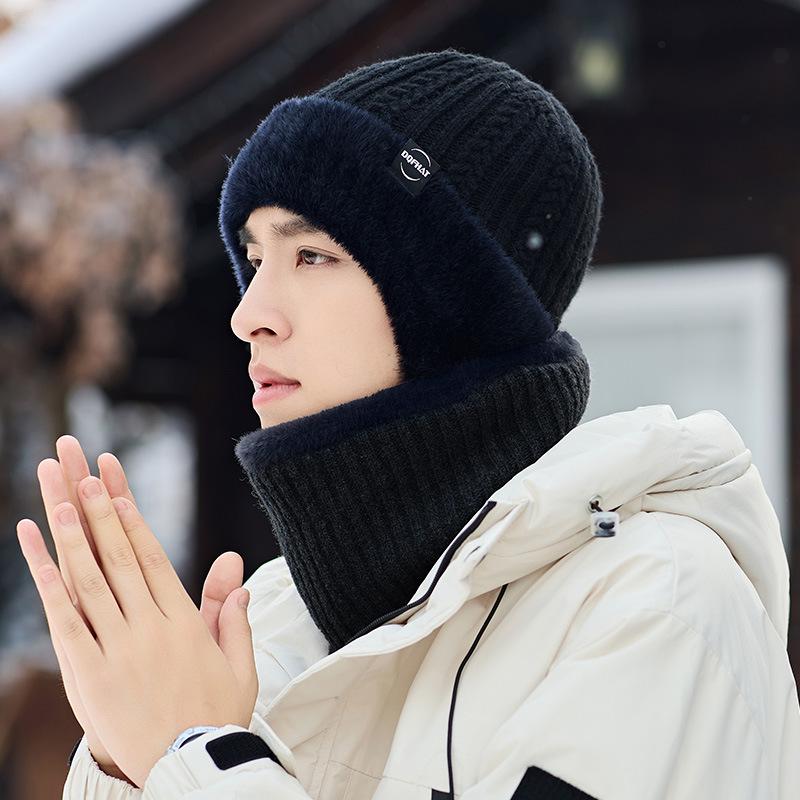 Men's Winter Black Velvet Pullover Hat & Scarf Set for Cycling - Windproof and Warm
