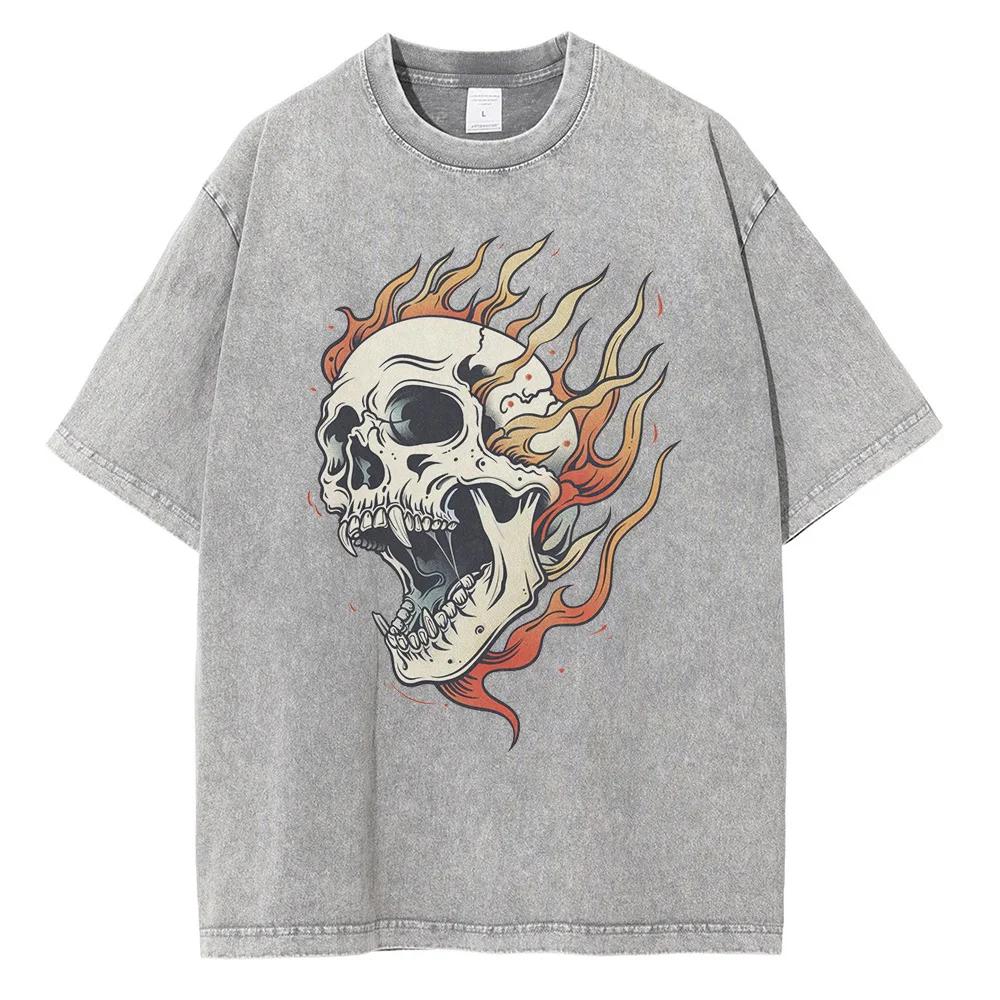 Mens Flame Skull Printed Tshirt Thick Cotton Washed TshirtLarge Retro Top S