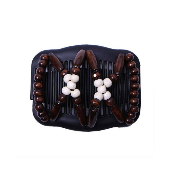 Women Vintage Wooden Beads Magic Hair Comb Hairpin Clip Double Slide Headwear