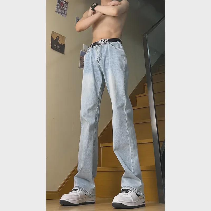 Light Blue Men's Flared Machete Jeans - Versatile American High Street Style, Straight Leg Summer Pants.