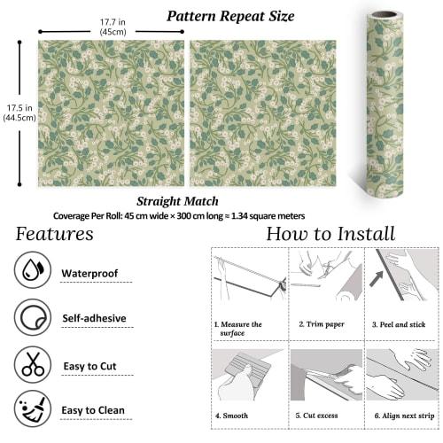 VEELIKE Wallpaper Stickers, Light Green Plant Pattern Botanical Wallpaper, Cutting Sheet, Stick-On Wallpaper for Fusuma Doors, Peel-Off Wallpaper, Sel