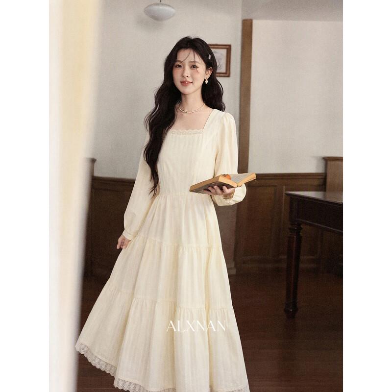 Luxiangnan French Style Beige Square Neck Long Sleeve A-Line Dress