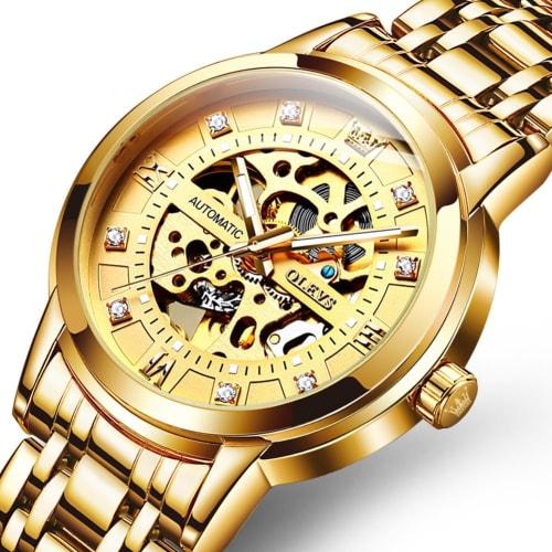 OLEVS Men's Automatic Watch Stylish Mechanical Arm Watch Popular Business Luminous Waterproof Fashion Skeleton Watch for Men Gift Present Gold Gold
