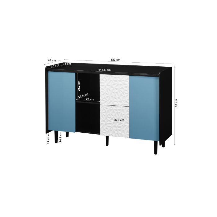 Armoire De Rangement Noire Avec Portes Bleues, Dotée De Deux Tiroirs Au Style Unique Et De Deux Compartiments De Rangement Ouverts.