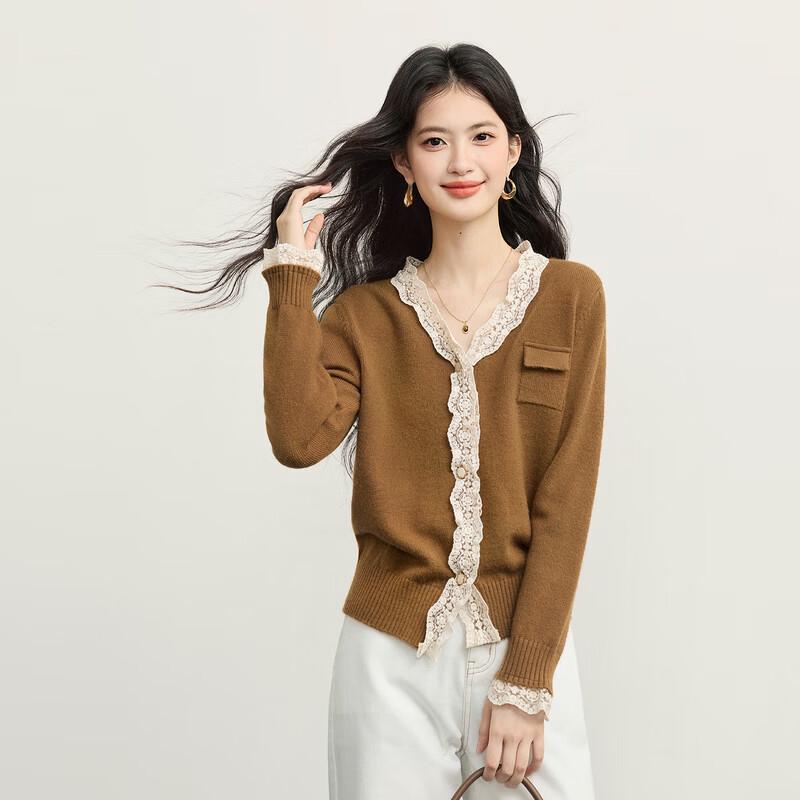 sllsky Women's Lace Trim V-Neck Knit Cardigan