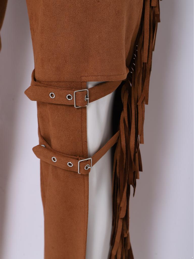 Pánské nastavitelné v pase Faux Suede Chaps Kalhoty Bojí Třásně Rozdělené Široké Nohy s Popruhy pro Jízdu na Koních Divadlo Cosplay