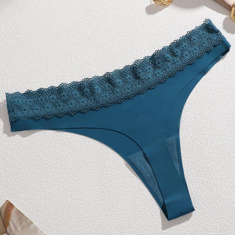 Women's Sexy Traceless T-Back Thongs Panties Seamless Solid Color Lace Trim Cozy Underwear Female Low Waist G-String Lingerie