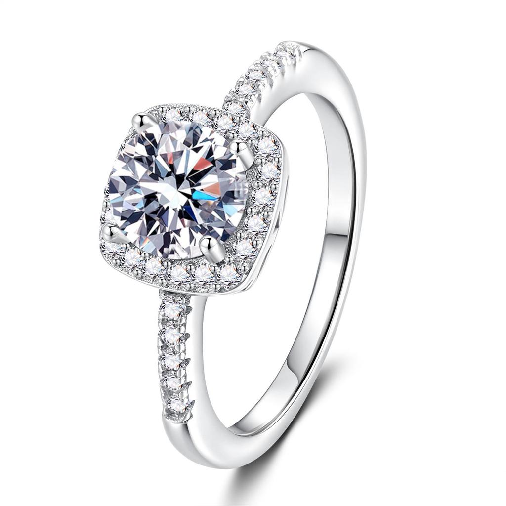 6.5mm S925 Sterling Silver Classic Four Prong Micro Pave Square Frame Moissanite Ring D VVS1 Exquisite Fine Jewelry
