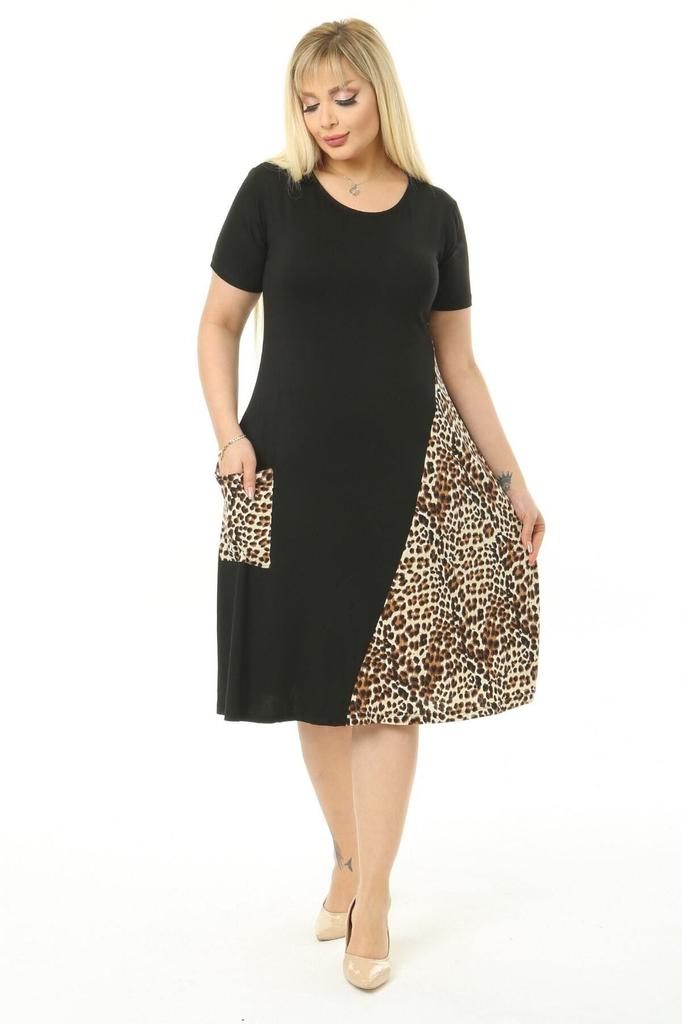 Damen-Kleid in großen Größen, Übergröße, kurzärmelig, schwarzes Leopardenmuster, detaillierte Taschen