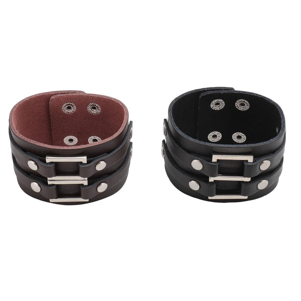 2pcs Wide PU Leather Bracelet Wrist Cuffs Punk Cuff Bracelet for Motorcycle Rider Black Brown