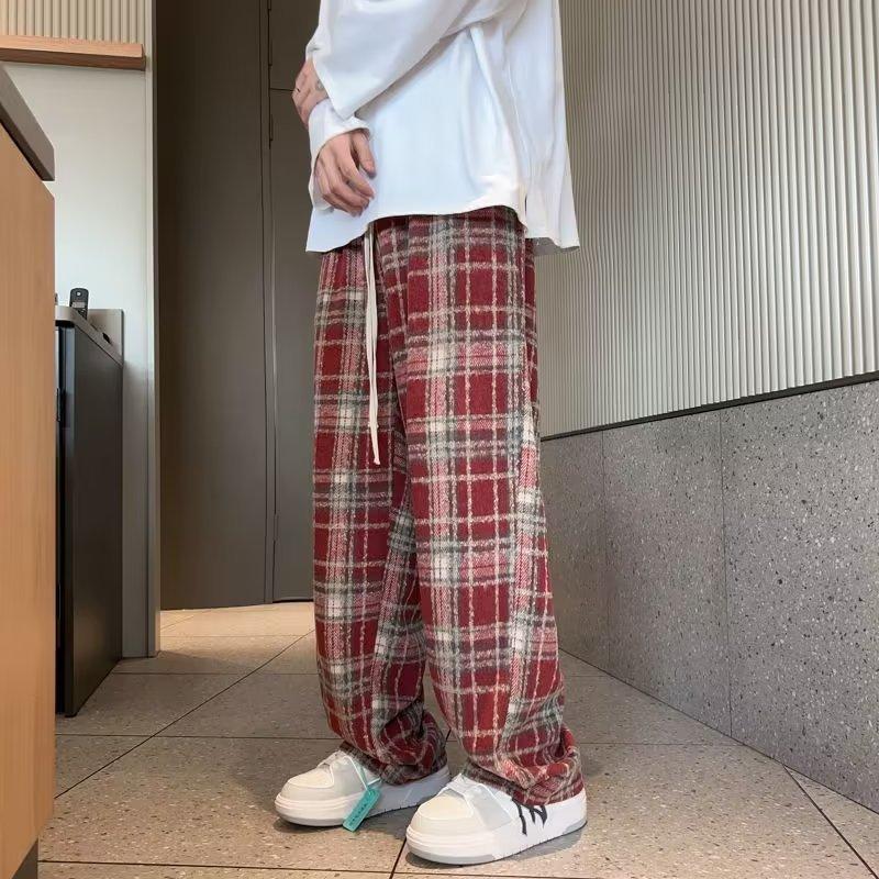 Plaid pants men's and women's spring and autumn classic retro Hong Kong style casual straight-leg pants, thin and narrow wide-leg pants