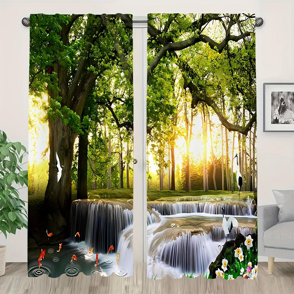 2pcs Semi-Blackout Curtain Japanese Landscape & Torii Gate Design Polyester Woven Contemporary Style Machine Washable Rod Pocket