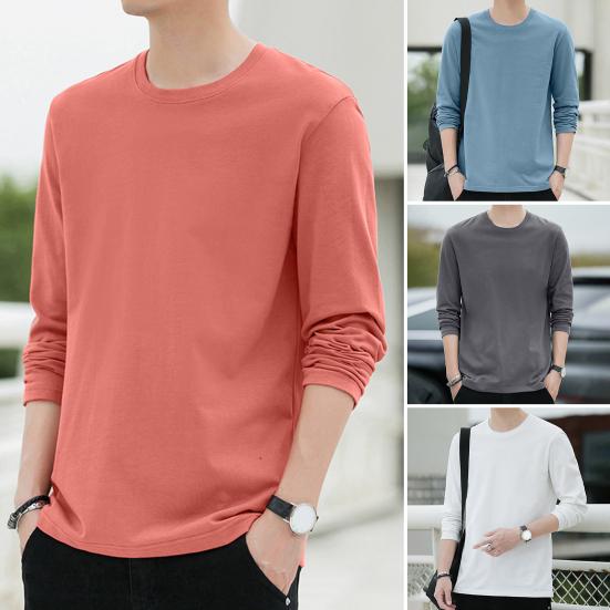 Men Tops Round Neck Long Sleeve Autumn Tops Solid Color Thin Bottom Tops Regular Style Casual Pullover Tops