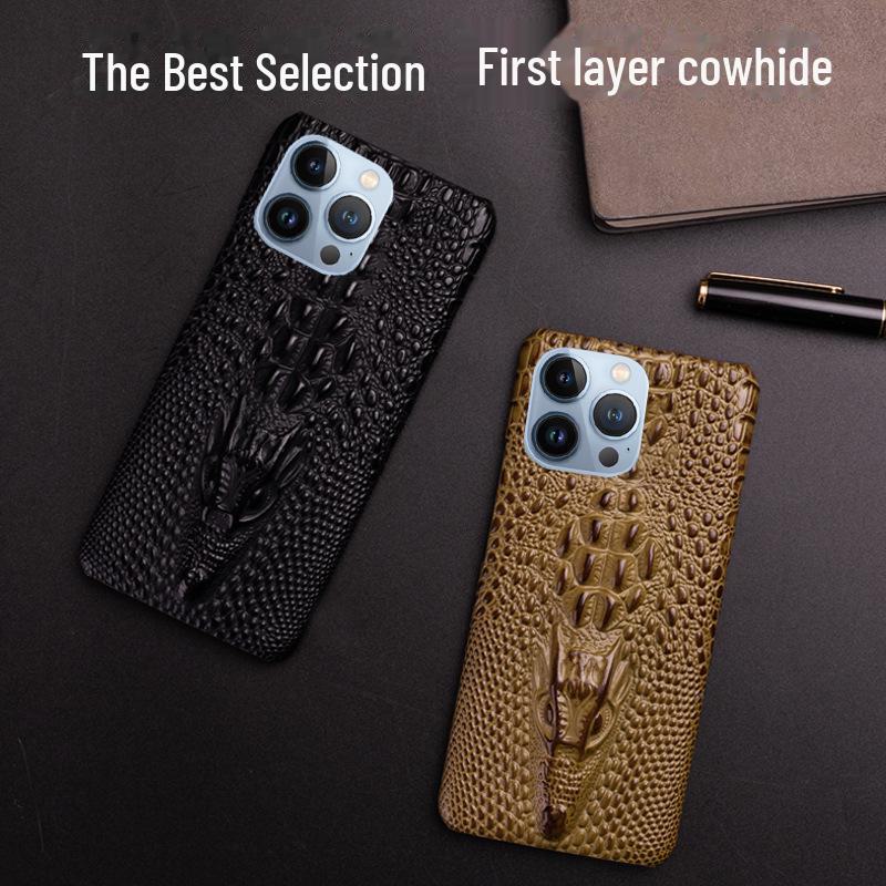 iPhone 11/13 Pro Max & Apple 14 Case: 3D Crocodile Head Genuine Cowhide Leather