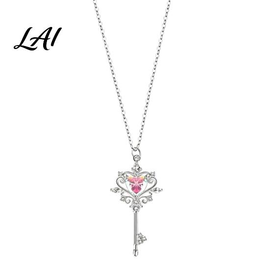 Key Pendant Necklace for Women Magic Necklace Pink Cubic Zirconia Heart Sparkling Rhinestone Sweet Fairy Jewelry Girls Versatile Alloy Chain