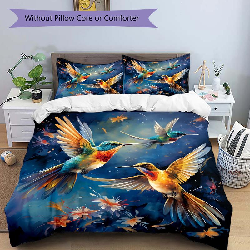 3pcs Whimsical Dance of Hummingbirds Pattern Bedding Three-Piece Set (1 Cover + 2 Pillowcases, No Fillings), This Printed Bedding Set Is Soft and