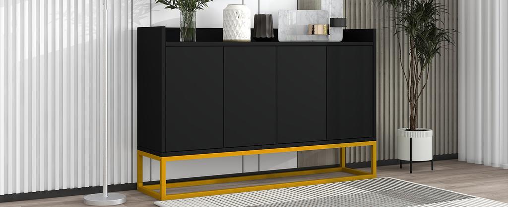 Modern Sideboard In Minimalist Style, 4-Door Handle-Free Buffet Cabinet for Dining Room, Living Room, Kitchen (Black)