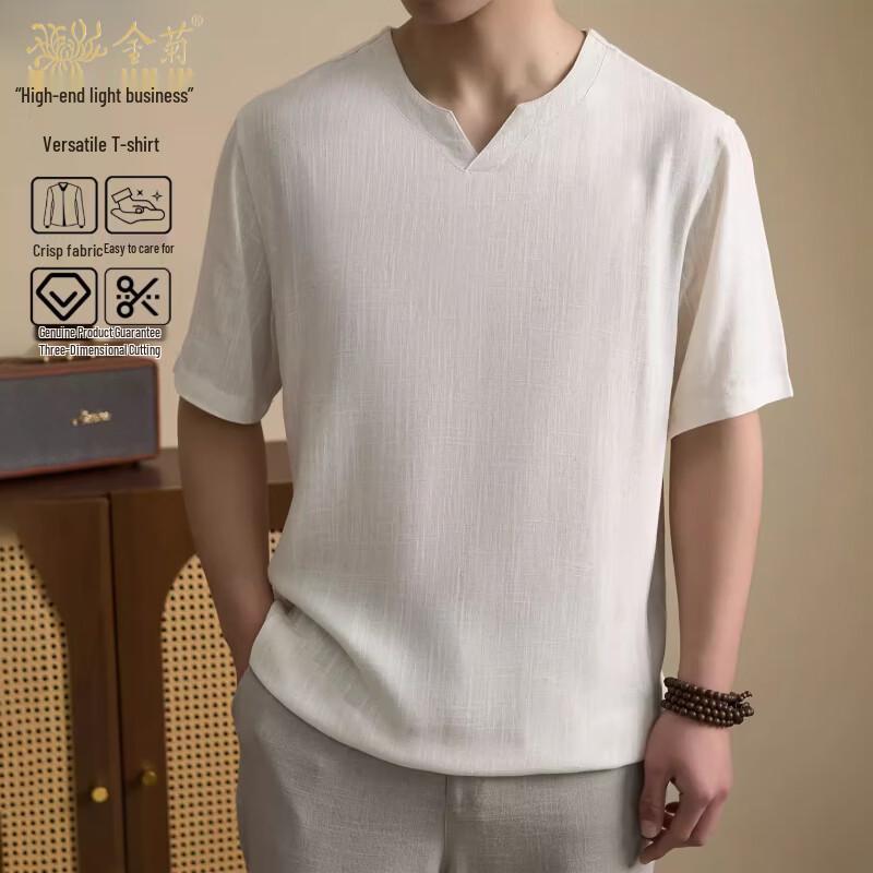 Men's Chinese Style V-Neck Cotton Linen T-Shirt