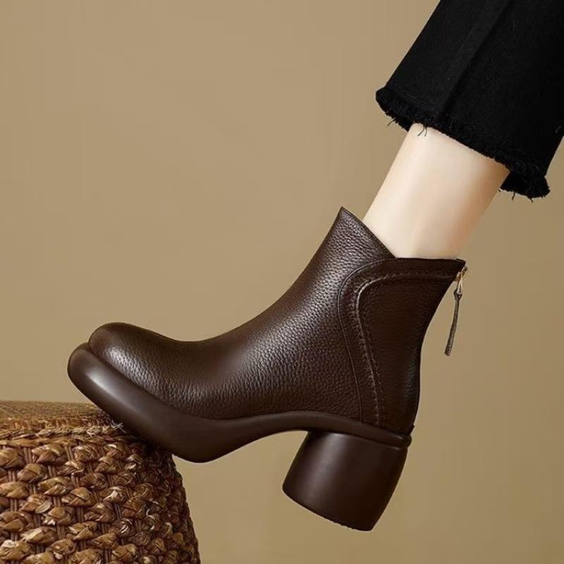 Retro Shoes with Fleece, High Heels, Thick Heels, Short Boots, Women's Thick-soled, Soft-soled Shoes, Nude Boots