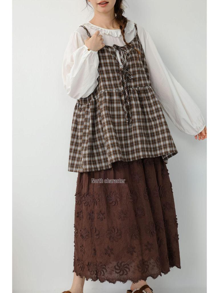 Saia Midi Bordada com Flores 3D Estilo Mori Girl com Forro – Casual & Versátil