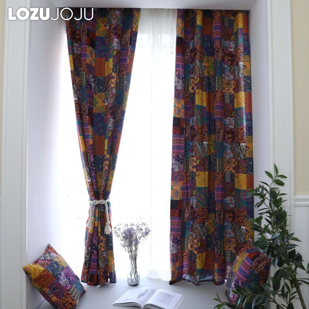 1PC LOZUJOJU Bohemian Retro Ethnic Style Cotton Linen Printed Semi Blackout Curtains for Small Window Kitchen Bedroom Living Room Balcony Home Decor
