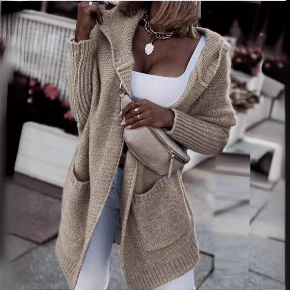 Women's Hooded Patchwork Knit Cardigan with Pockets 2025