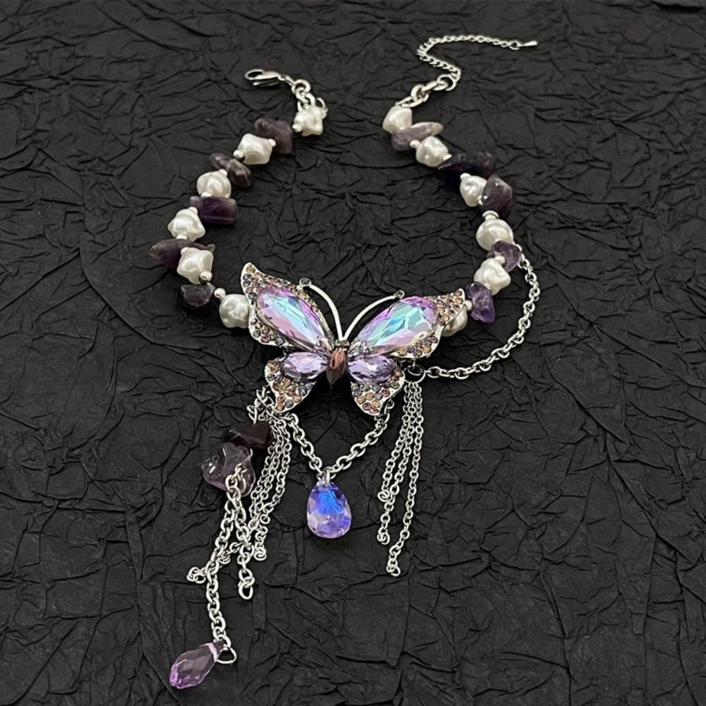 Exaggerated Pearl Crystal Necklace Sweet Women's Choker Rhinestone Butterfly Necklace  Girls
