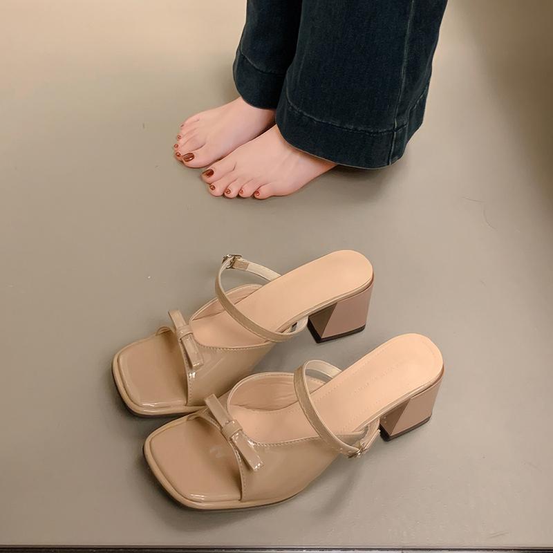 Summer Women's Open Toe Thick Heel Slippers Fashion Butterfly-knot Slides Comfort Outdoor Party Dress Shoes
