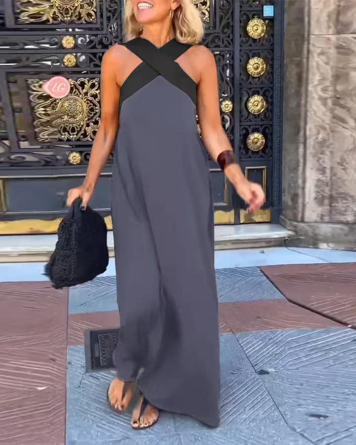2026 Cross-Border European American Fashion Patchwork Strapless Halterneck Vacation Dress