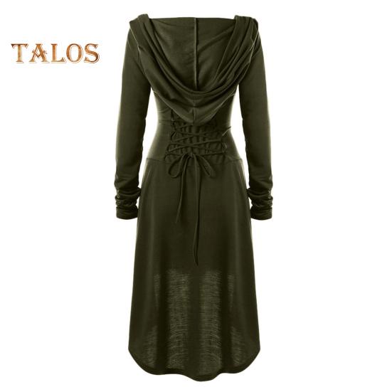 Women Cosplay Dress Gothic Solid Color Lace-up Strap Slim Waist Irregular Hem Hooded Long Sleeves Theme Parties Role-Playing Festival Halloween Midi