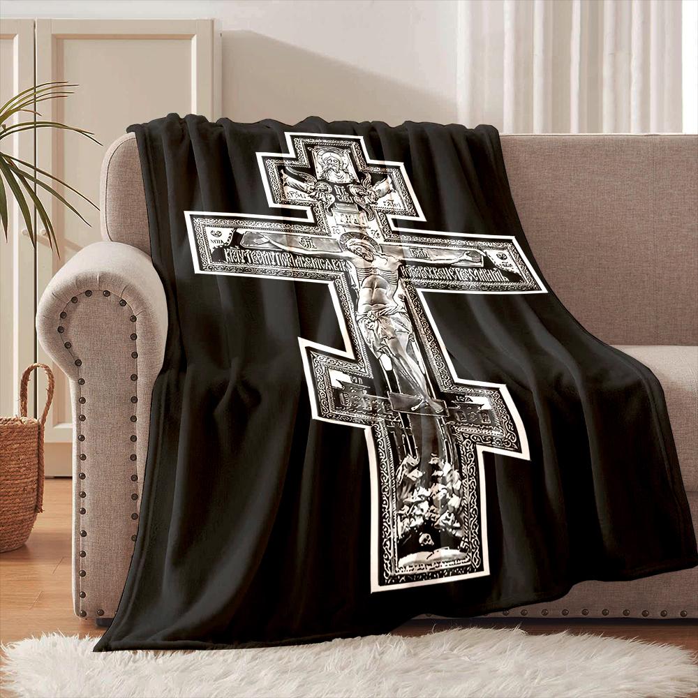 1PC Three horizontal crosses Faith-printed Flannel Blanket Soft and Warm Suitable for Home Travel Picnics Camping and RV Use