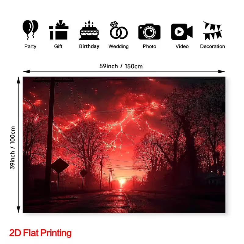 

2D Dystopian Red Storm Banner, Empty Street with Power Lines and Lightning 47.2x31.5inch/120*80cm