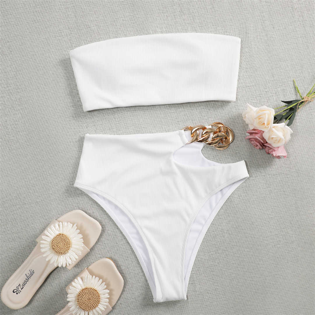 

Асимметричный бандо с высокой талией, женский купальник, женский купальник, комплект бикини из двух частей, купальный костюм с цепочкой L белый