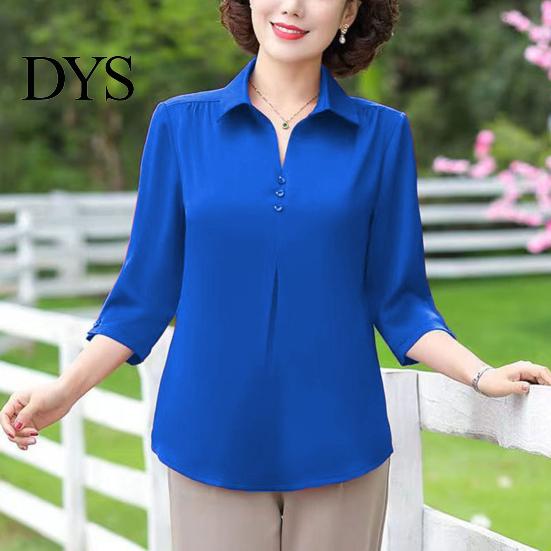 Turn-down Collar Mother Summer Top Buttons Solid Color Three-quarter Sleeves Pullover Match Pants Mid-aged Casual Plus Size Mom Spring T-shirt Women