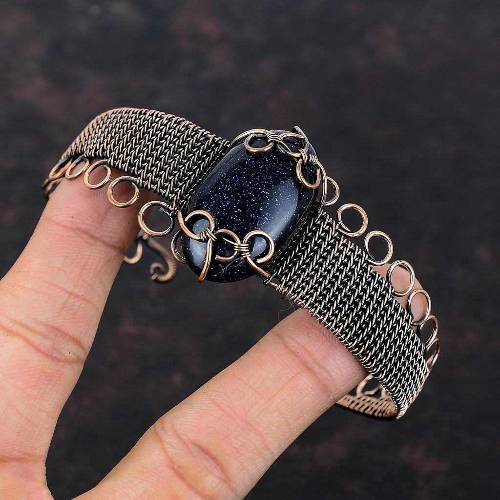 Blue Sunstone Bangle Copper Wire Wrapped Cuff Bracelet Gemstone Jewelry Adjustable Cuff Bracelet Copper Wire Wrap Jewelry Handmade Bracelet