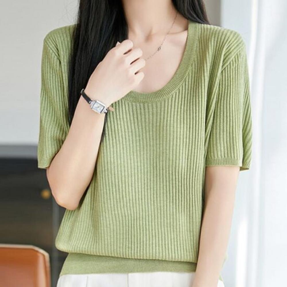 Navava Women Solid Ribbed U Neck Short Sleeve Knit Top Nk3675