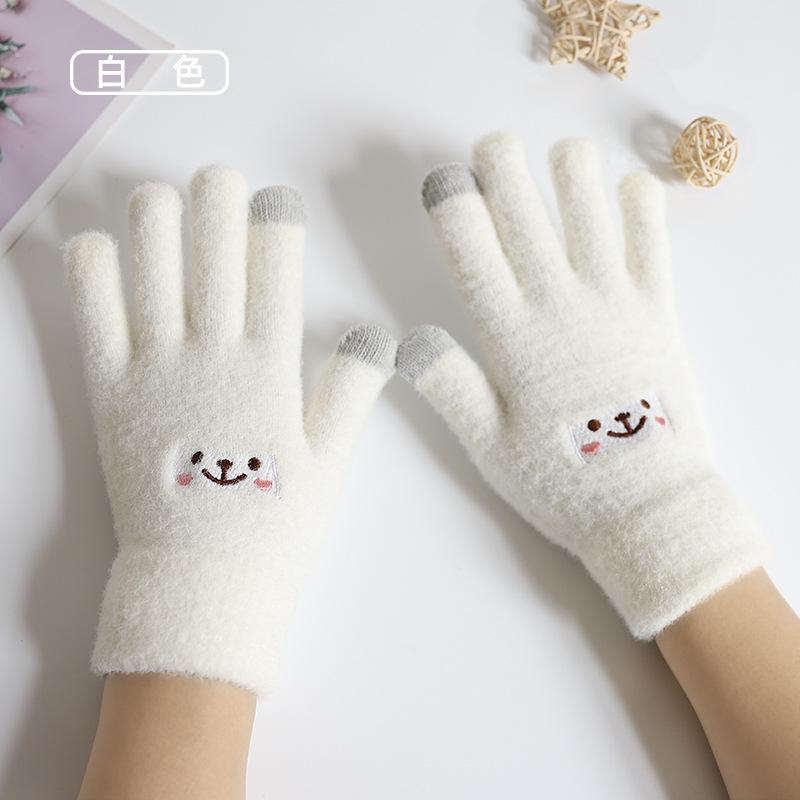 2021 new cute thermal gloves female, winter velvet embroidered smiley face bear student touch screen gloves
