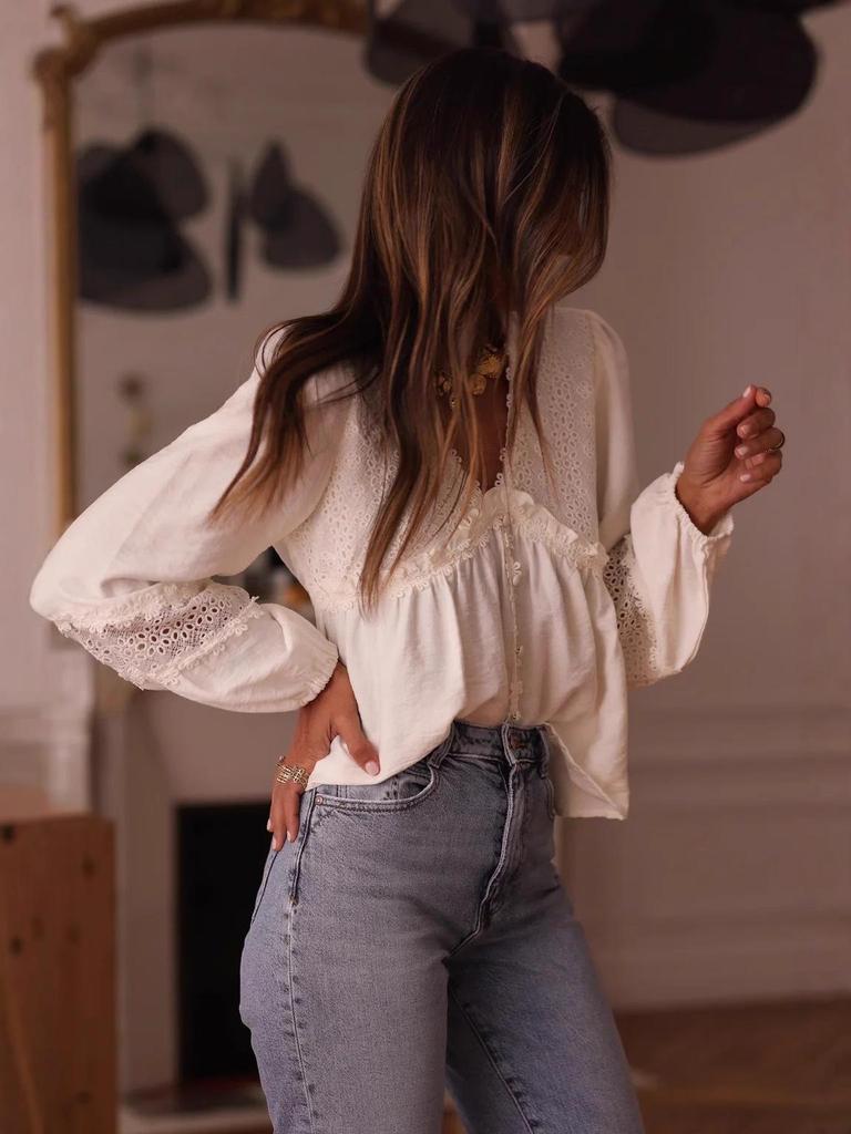 European-American Chic Embroidered Hollow-Out Long Sleeve French Shirt