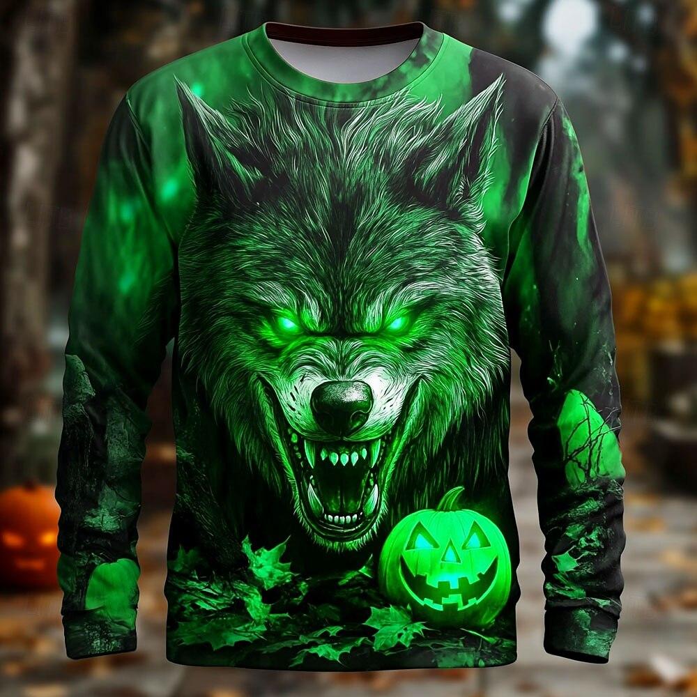 3D Vintage Wolf Print Men's T-Shirt Retro Cool Long Sleeved Round Neck Tees For Men Gothic Halloween Theme Party Unisex Clothing