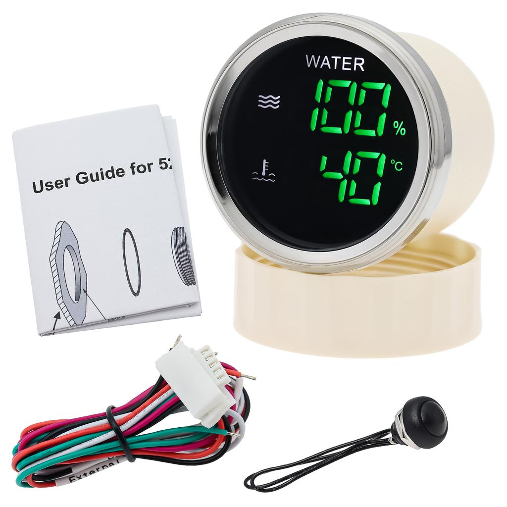 Green LED Digital Dual 52mm Gauge with Alarm 0-190 ohm Water Level Gauge+Water Temperature Meter for Car Boat Marine 12V 24V